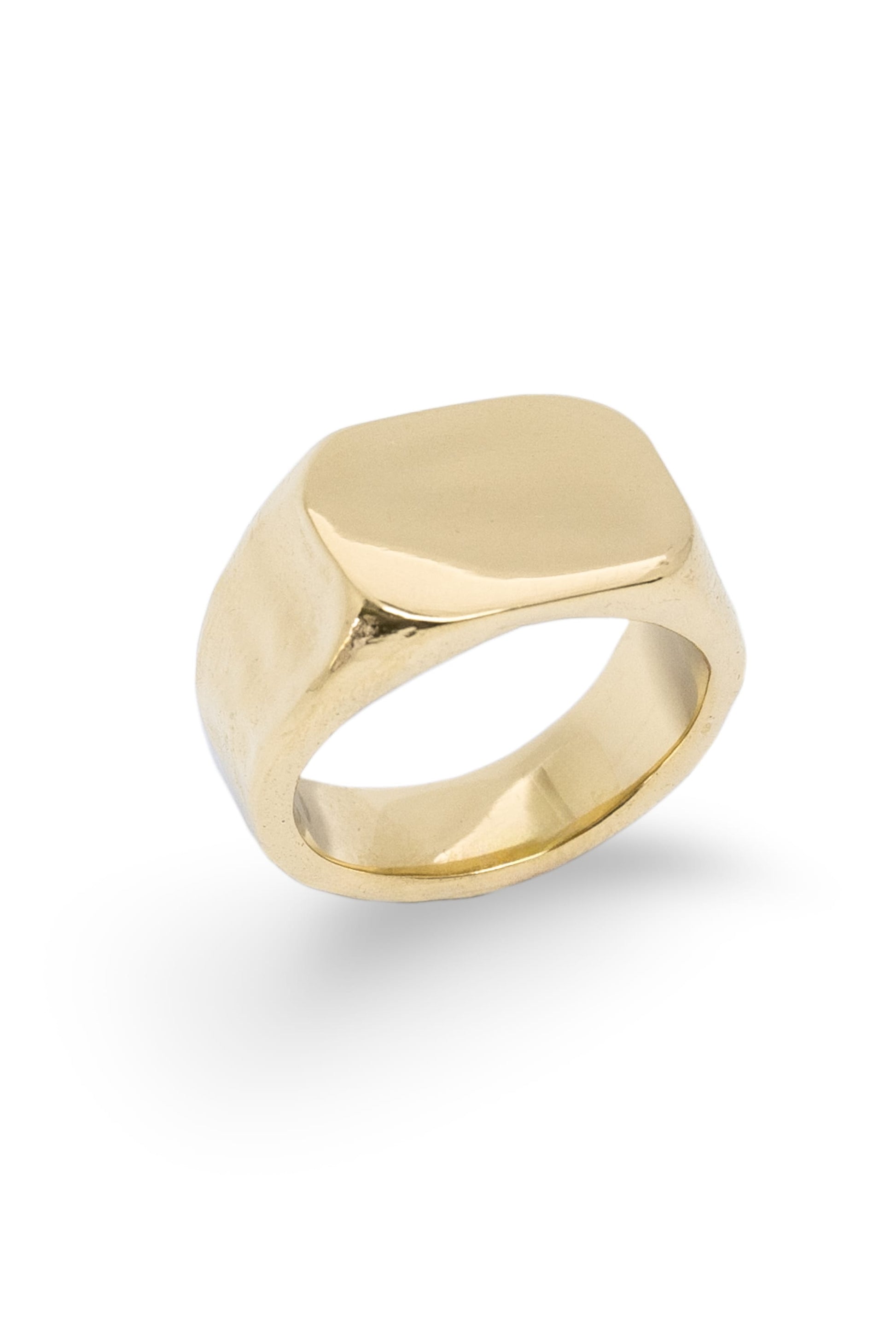 Gold Vermeil signet ring with a large rectangular flat face and lightly textured band on a white background.