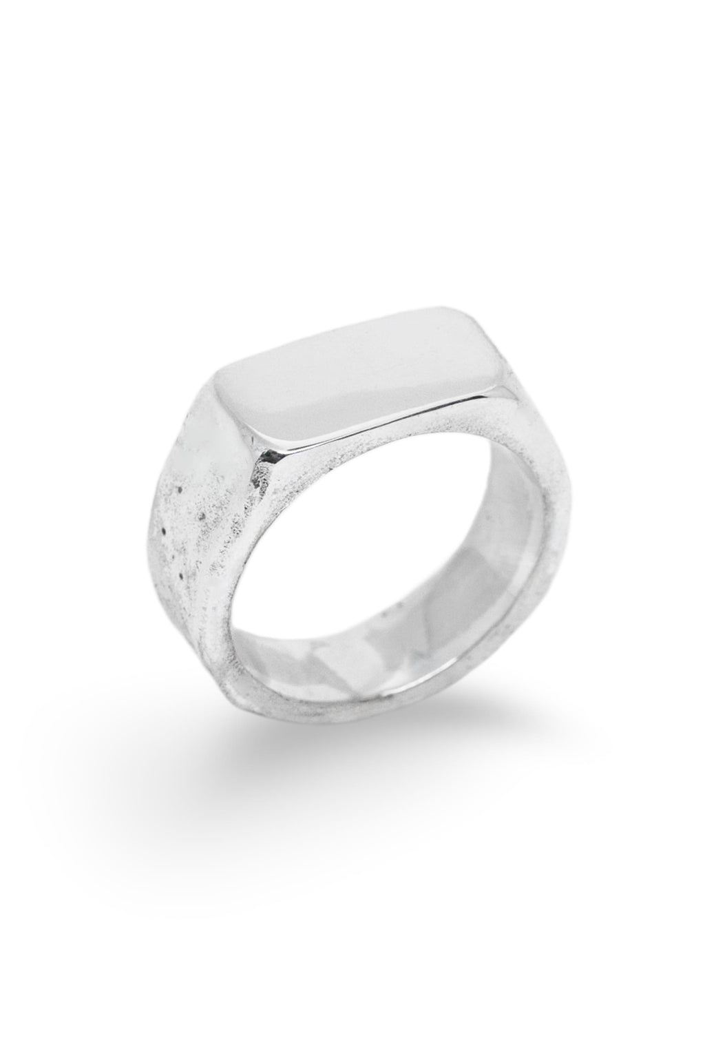 Recycled silver signet ring with a rectangular flat face and lightly textured band on a white background.
